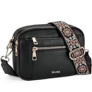 NWT Telena Black Crossbody Purse. Goldtone. Vegan. Adjustable Guitar Strap. Boho